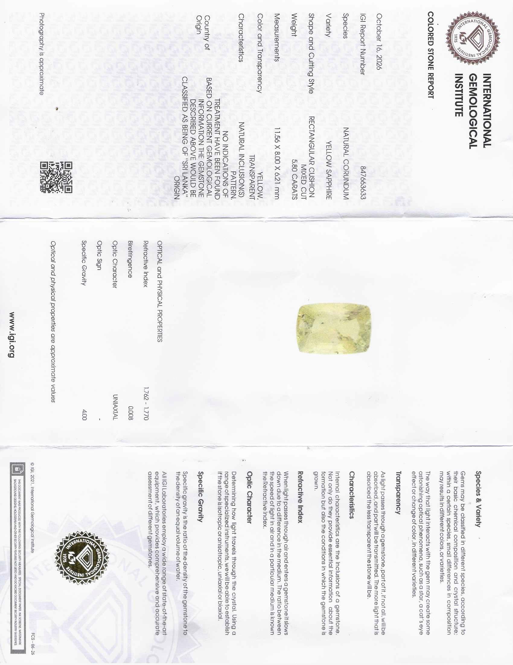 Natural Yellow Sapphire 5.80 Carats – Sri Lanka - IGI Certified